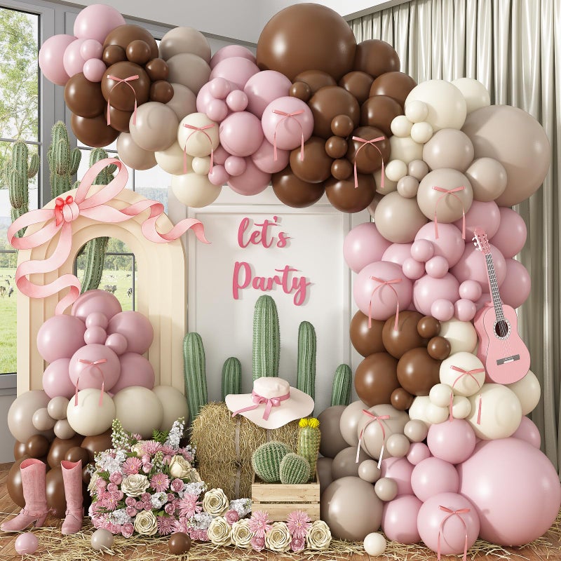 Paeyeq Pink Brown Balloon Arch Garland Kit, Cowgirl Rodeo Balloons Dusty Blush Light Pink Brown Nude Sand White Balloons with Ribbon Bow for Boho Baby Shower Western First Rodeo Birthday Party Decorations - Image 1