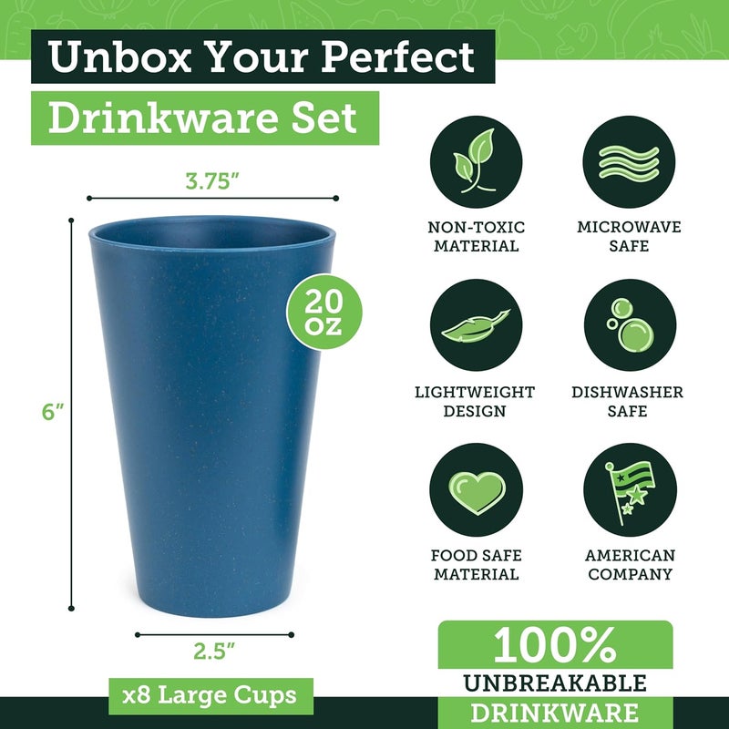 Grow Forward Premium Reusable Plastic Cups - 20 oz Wheat Straw Cups Set of 8 - Unbreakable BPA Free Hard Plastic Drinking Glasses for Water, Smoothie, RV - Large Tumbler Cups for Kitchen - Ocean - Image 3