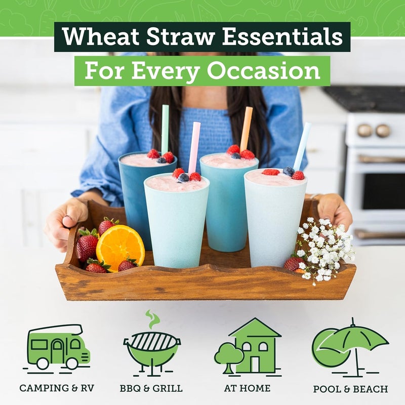 Grow Forward Premium Reusable Plastic Cups - 20 oz Wheat Straw Cups Set of 8 - Unbreakable BPA Free Hard Plastic Drinking Glasses for Water, Smoothie, RV - Large Tumbler Cups for Kitchen - Ocean - Image 2