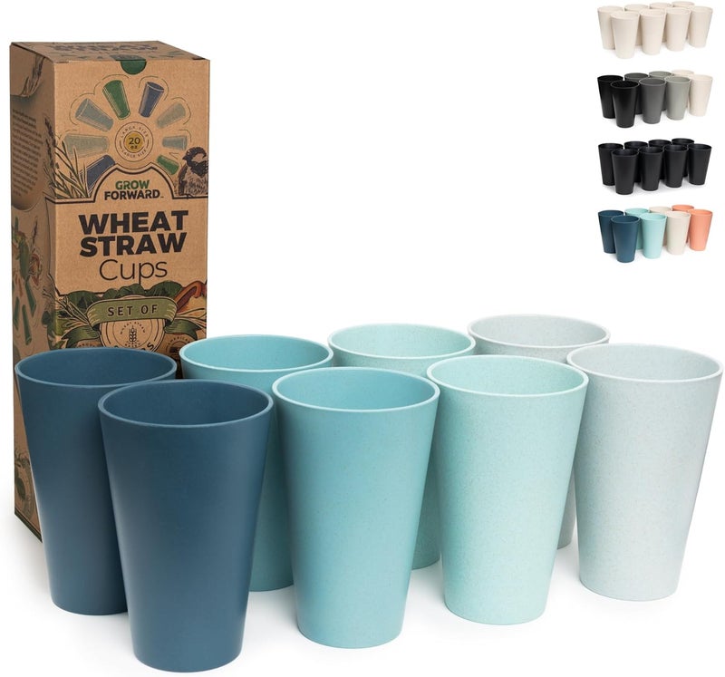 Grow Forward Premium Reusable Plastic Cups - 20 oz Wheat Straw Cups Set of 8 - Unbreakable BPA Free Hard Plastic Drinking Glasses for Water, Smoothie, RV - Large Tumbler Cups for Kitchen - Ocean - Image 1