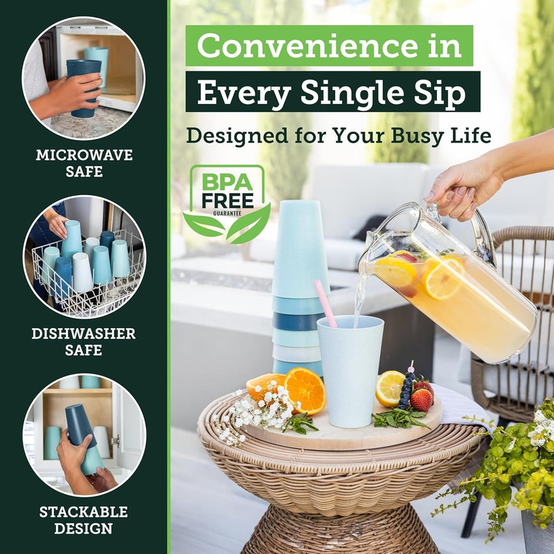Grow Forward Premium Reusable Plastic Cups - 20 oz Wheat Straw Cups Set of 8 - Unbreakable BPA Free Hard Plastic Drinking Glasses for Water, Smoothie, RV - Large Tumbler Cups for Kitchen - Ocean - Image 5