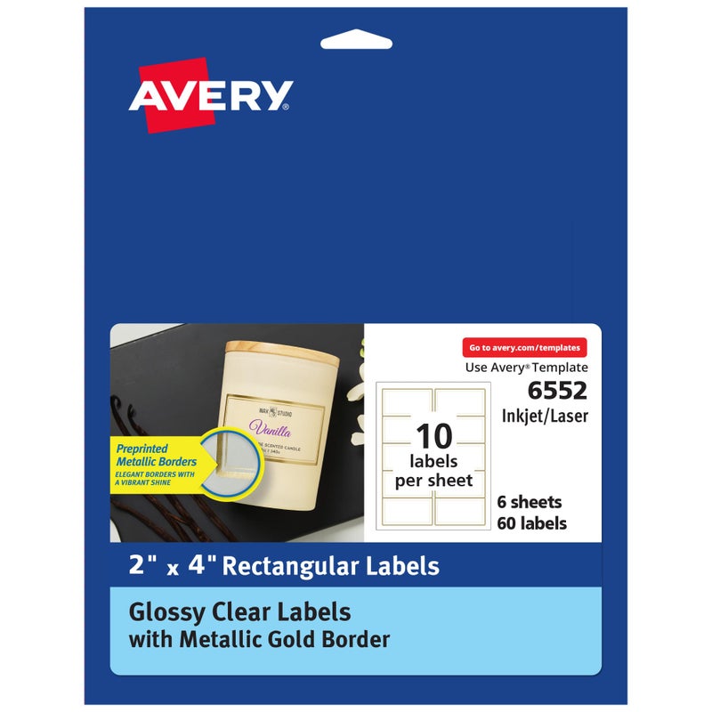 Avery Printable Glossy Clear Labels, 2" x 4" Rectangle Labels, Clear, Metallic Gold Border, Permanent Adhesive, Laser/Inkjet Printable, 60 Total (6552) - Image 1