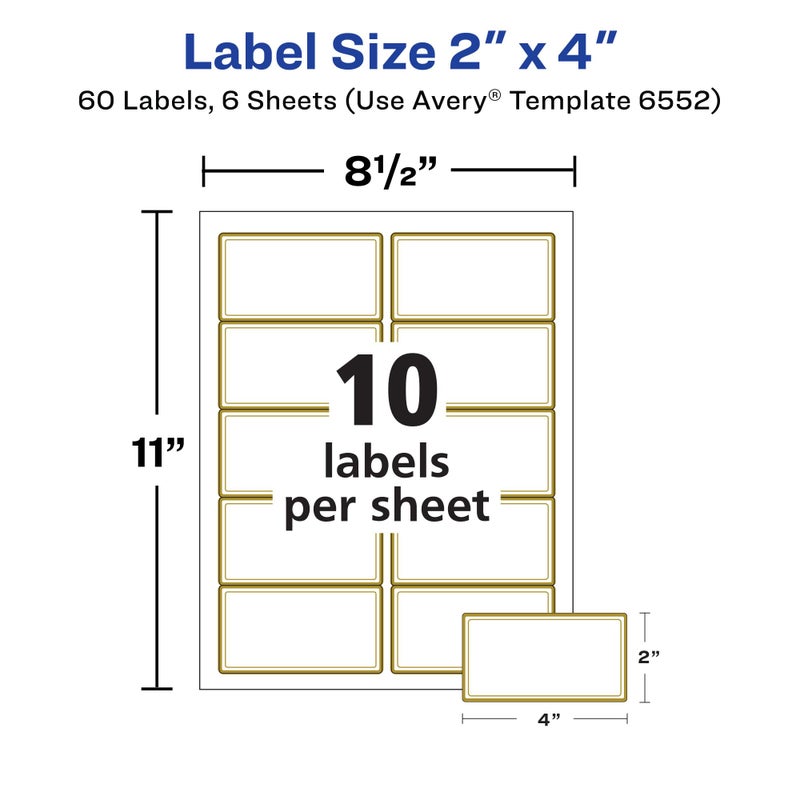 Avery Printable Glossy Clear Labels, 2" x 4" Rectangle Labels, Clear, Metallic Gold Border, Permanent Adhesive, Laser/Inkjet Printable, 60 Total (6552) - Image 5