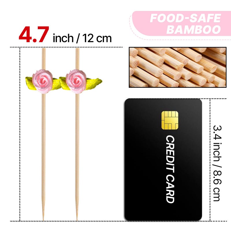 PuTwo Cocktail Picks 4.7 Inch 100pcs Bamboo Fancy Skewers Toothpicks for Appetizers Pink Rose Flower Toothpicks for Food Drink Fruit Sandwich Charcuterie Boards Accessories Wedding Party Supplies - Image 2