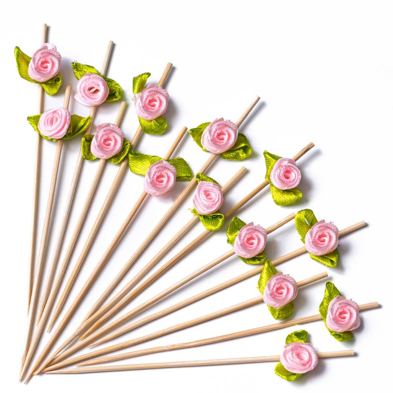 PuTwo Cocktail Picks 4.7 Inch 100pcs Bamboo Fancy Skewers Toothpicks for Appetizers Pink Rose Flower Toothpicks for Food Drink Fruit Sandwich Charcuterie Boards Accessories Wedding Party Supplies - Image 1