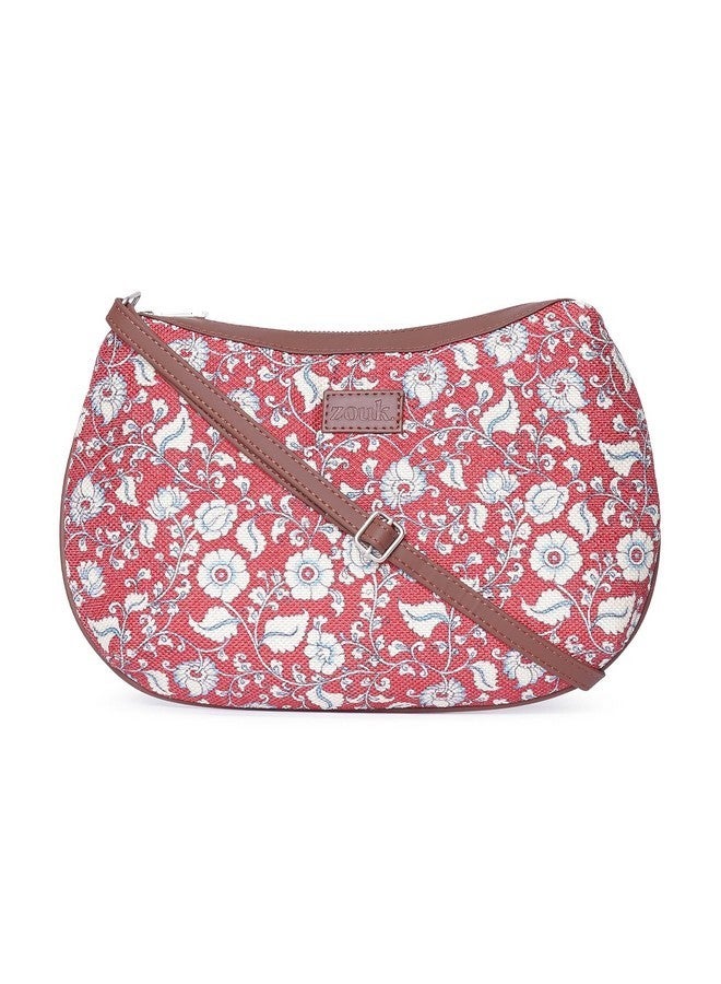 ZOUK Chittoor Red Kalamkari Floral Printed Women Jute Vegan Leather Red Moon Sling Bag With Zip Closure - Image 1