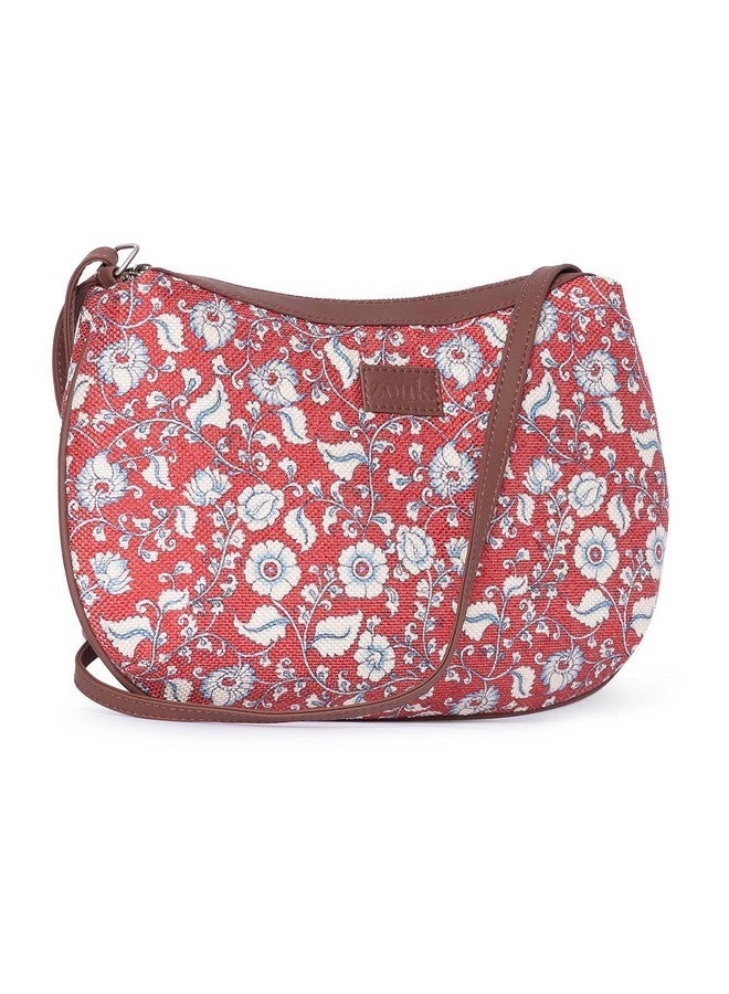 ZOUK Chittoor Red Kalamkari Floral Printed Women Jute Vegan Leather Red Moon Sling Bag With Zip Closure - Image 2