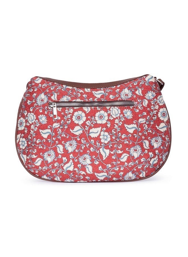 ZOUK Chittoor Red Kalamkari Floral Printed Women Jute Vegan Leather Red Moon Sling Bag With Zip Closure - Image 3