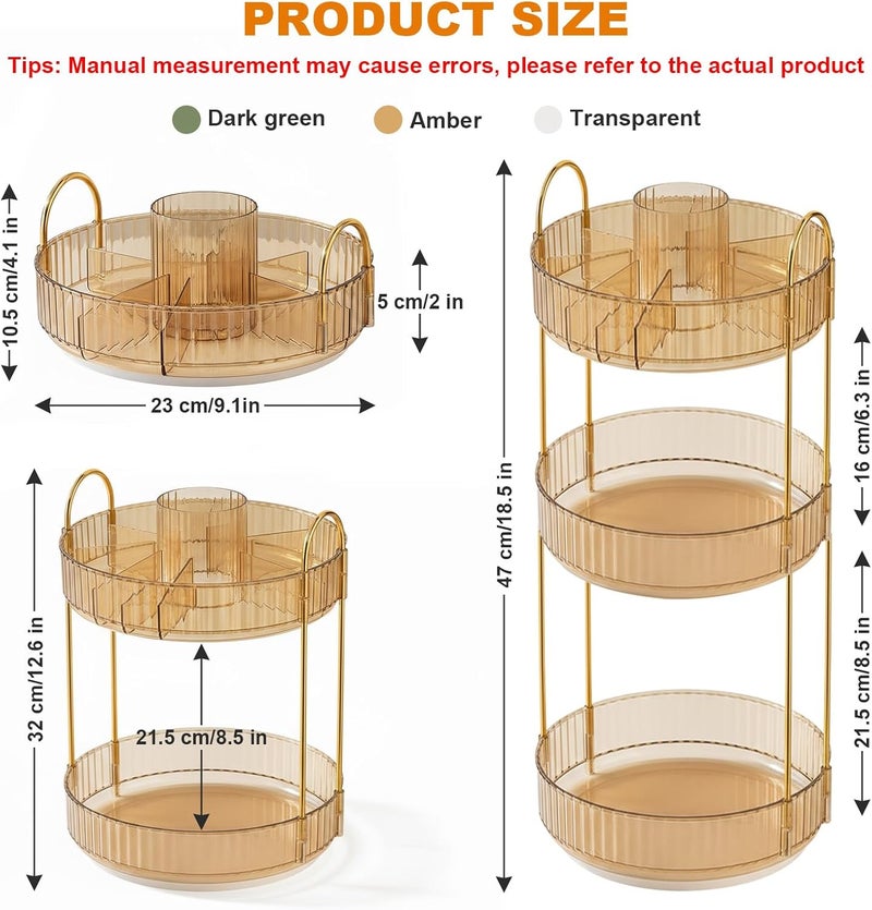 SHANNA Make Up Cosmetic Organiser: 2-Tier 360° Rotating Cosmetic Perfume Stand, Toiletries Storage Container, Desktop Pen Holder, for Lipsticks, Comb, Dressing Table (Amber Gold-A) - Image 5