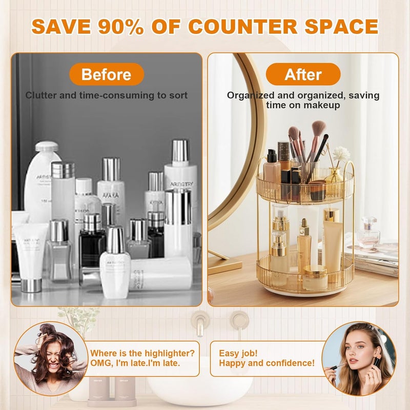 SHANNA Make Up Cosmetic Organiser: 2-Tier 360° Rotating Cosmetic Perfume Stand, Toiletries Storage Container, Desktop Pen Holder, for Lipsticks, Comb, Dressing Table (Amber Gold-A) - Image 2