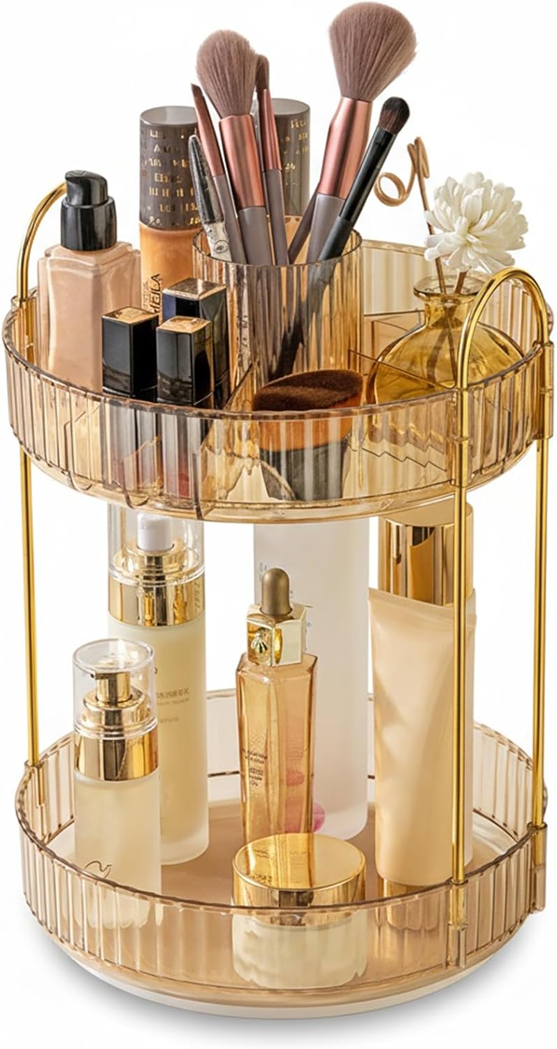 SHANNA Make Up Cosmetic Organiser: 2-Tier 360° Rotating Cosmetic Perfume Stand, Toiletries Storage Container, Desktop Pen Holder, for Lipsticks, Comb, Dressing Table (Amber Gold-A) - Image 1