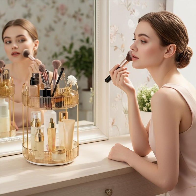 SHANNA Make Up Cosmetic Organiser: 2-Tier 360° Rotating Cosmetic Perfume Stand, Toiletries Storage Container, Desktop Pen Holder, for Lipsticks, Comb, Dressing Table (Amber Gold-A) - Image 3