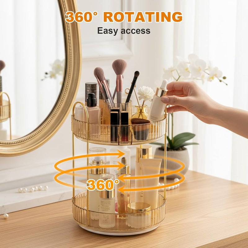 SHANNA Make Up Cosmetic Organiser: 2-Tier 360° Rotating Cosmetic Perfume Stand, Toiletries Storage Container, Desktop Pen Holder, for Lipsticks, Comb, Dressing Table (Amber Gold-A) - Image 4