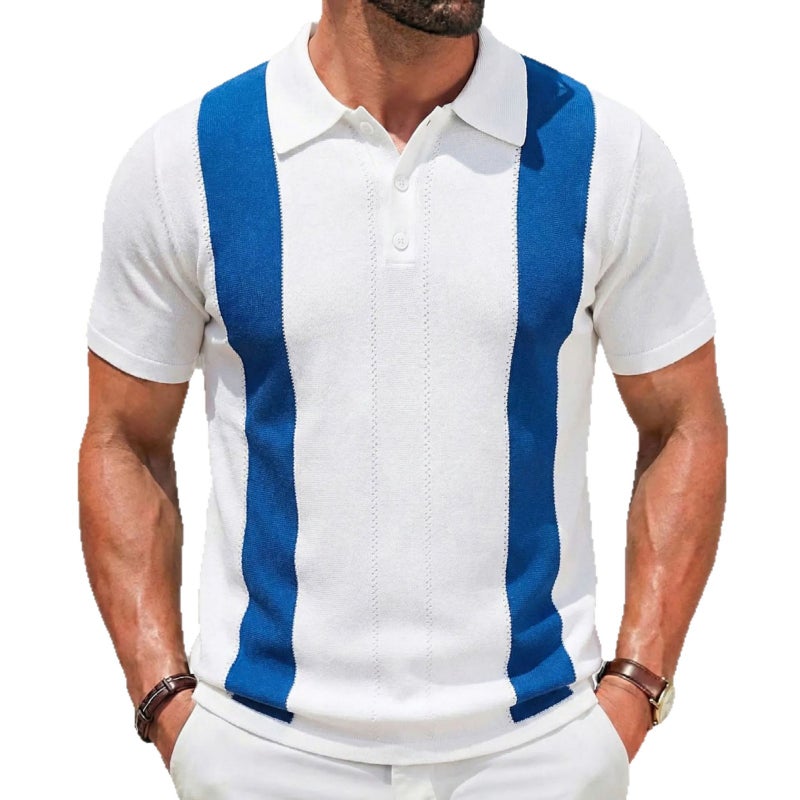 Men's Summer Knitted Slim Fit Contrast Stripe Business Polo Shirt - Image 5