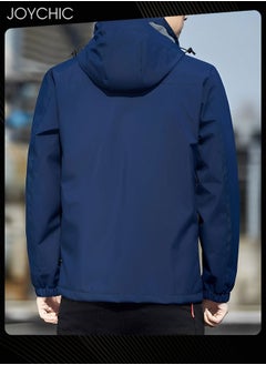 Joychic Solid Pattern Spring and Autumn Men Jacket Hooded Casual Sports Windproof Zipper Coat with Cap Outdoor Blue  - Image 2