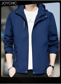 Joychic Solid Pattern Spring and Autumn Men Jacket Hooded Casual Sports Windproof Zipper Coat with Cap Outdoor Blue  - Image 3