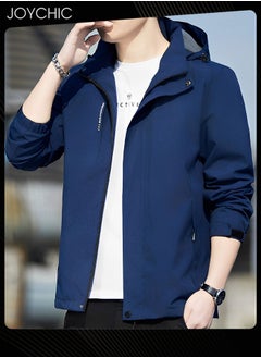 Joychic Solid Pattern Spring and Autumn Men Jacket Hooded Casual Sports Windproof Zipper Coat with Cap Outdoor Blue  - Image 1