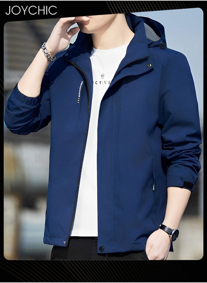 Joychic Solid Pattern Spring and Autumn Men Jacket Hooded Casual Sports Windproof Zipper Coat with Cap Outdoor Blue  - Image 1