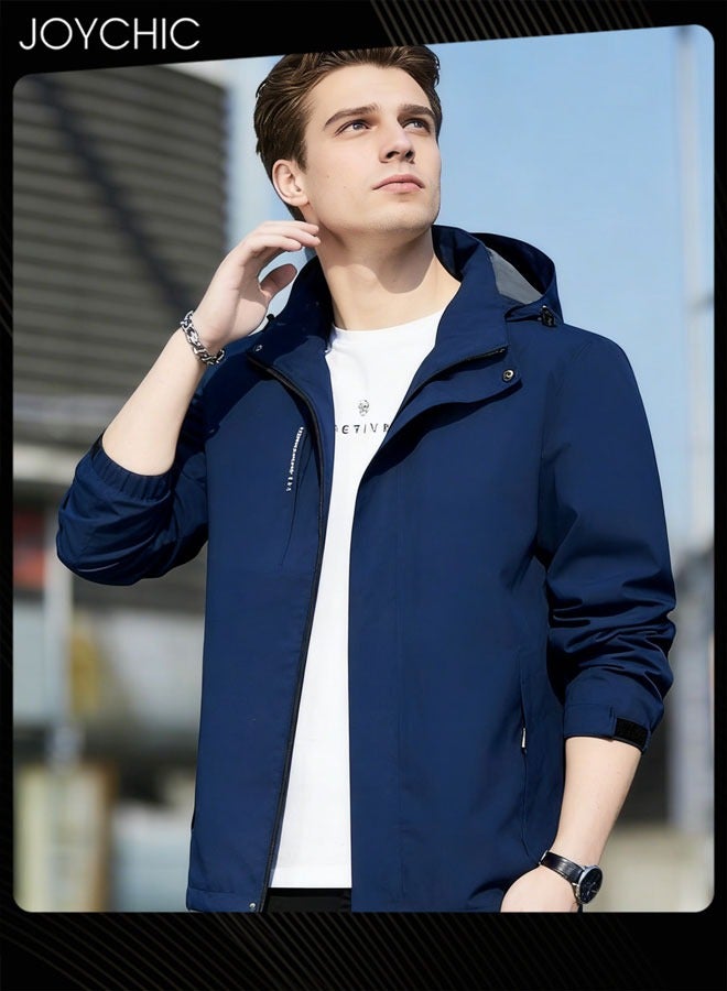 Joychic Solid Pattern Spring and Autumn Men Jacket Hooded Casual Sports Windproof Zipper Coat with Cap Outdoor Blue - Image 2