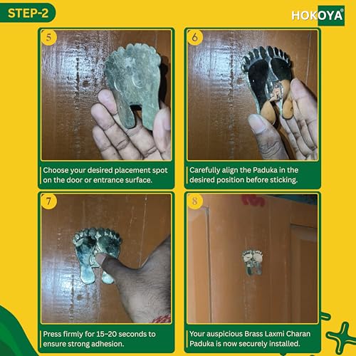 HOKOYA Brass Laxmi Charan Paduka for Door Entrance | Golden Lakshmi Ji Footprints | Vastu Good Luck Symbol | Main Door & Wall Decor | Home Decoration | Includes Adhesive Pads | No Drilling - Image 4