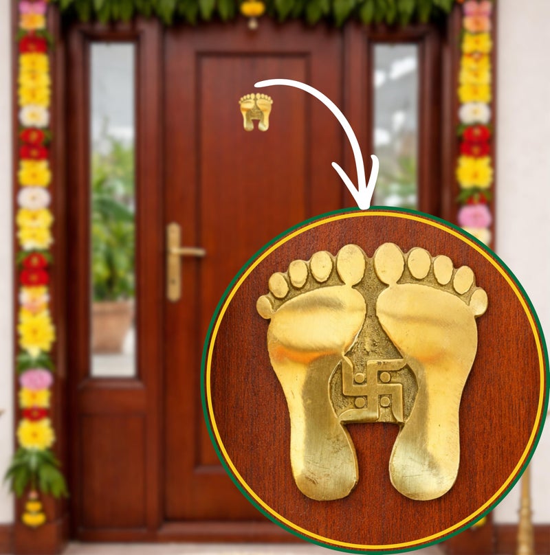 HOKOYA Brass Laxmi Charan Paduka for Door Entrance | Golden Lakshmi Ji Footprints | Vastu Good Luck Symbol | Main Door & Wall Decor | Home Decoration | Includes Adhesive Pads | No Drilling - Image 1