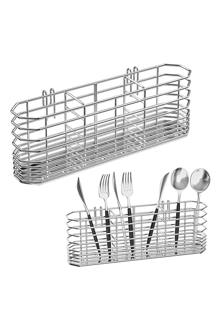 حامل أدوات من الفولاذ المقاوم للصدأ 304، رف تجفيف الأطباق، منظم أدوات المطبخ، رف تصريف السكاكين والشوك، ملحقات سلة تصريف المطبخ، مع خطافات، مقاوم للصدأ، اللون فضي - Image 1