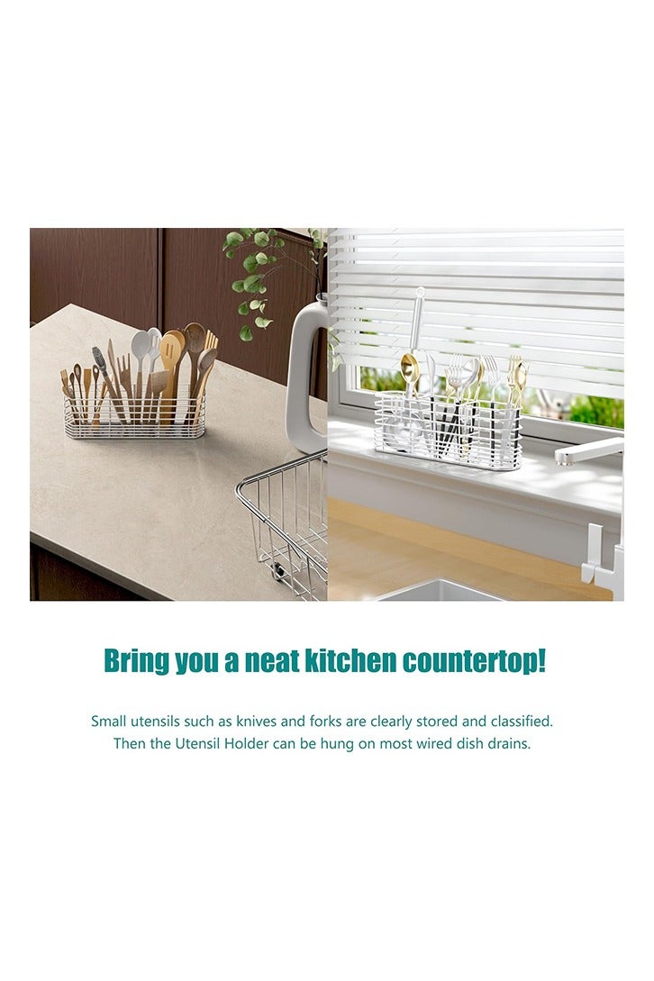 حامل أدوات من الفولاذ المقاوم للصدأ 304، رف تجفيف الأطباق، منظم أدوات المطبخ، رف تصريف السكاكين والشوك، ملحقات سلة تصريف المطبخ، مع خطافات، مقاوم للصدأ، اللون فضي - Image 2