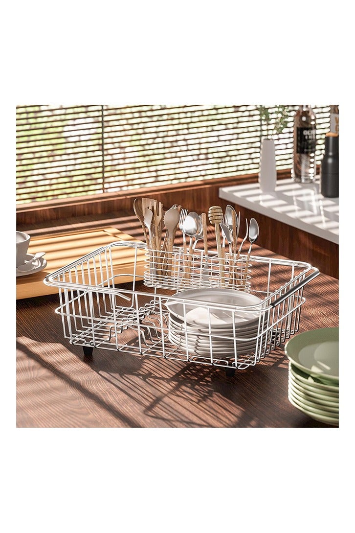 حامل أدوات من الفولاذ المقاوم للصدأ 304، رف تجفيف الأطباق، منظم أدوات المطبخ، رف تصريف السكاكين والشوك، ملحقات سلة تصريف المطبخ، مع خطافات، مقاوم للصدأ، اللون فضي - Image 4