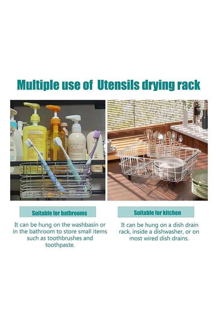 حامل أدوات من الفولاذ المقاوم للصدأ 304، رف تجفيف الأطباق، منظم أدوات المطبخ، رف تصريف السكاكين والشوك، ملحقات سلة تصريف المطبخ، مع خطافات، مقاوم للصدأ، اللون فضي - Image 5