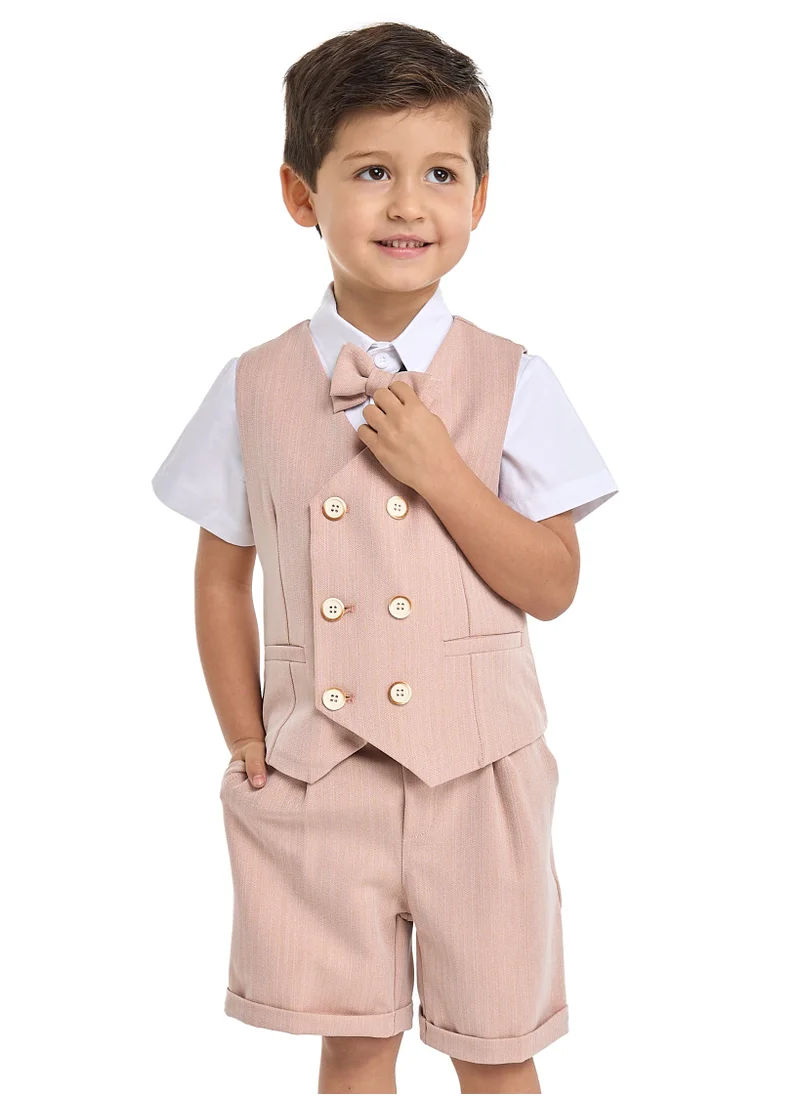 victor and jane Salmon color Waistcoat And Short Set With Shirt And Bow Tie