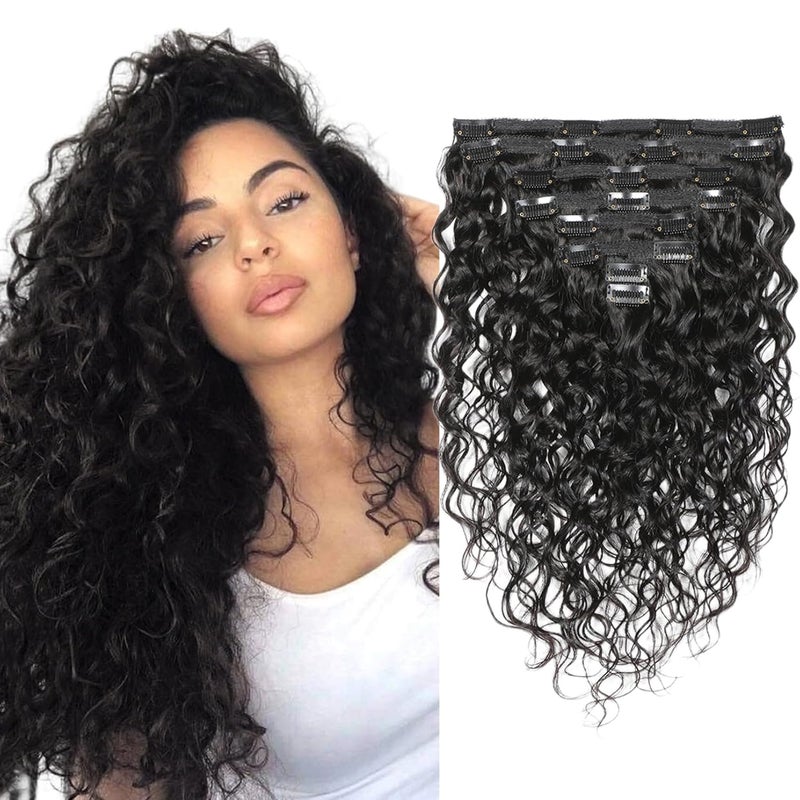 Doren Deep Curly Clip In Human Hair Extensions for Women 8Pcs 20Clips 120g Remy Brazilian Water Wave Hair Natural Black 16 Inches
