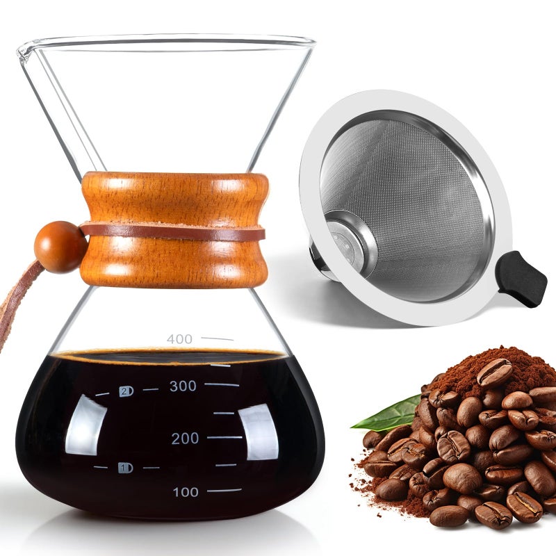 FrutPunch Pour Over Coffee Maker with Stainless Steel Filter, Pour Over Coffee,Pour Over Coffee Dripper, 13.5 OZ, Drip Coffee Maker, High Heat Resistant Carafe, also for Camping, Hiking - Image 1