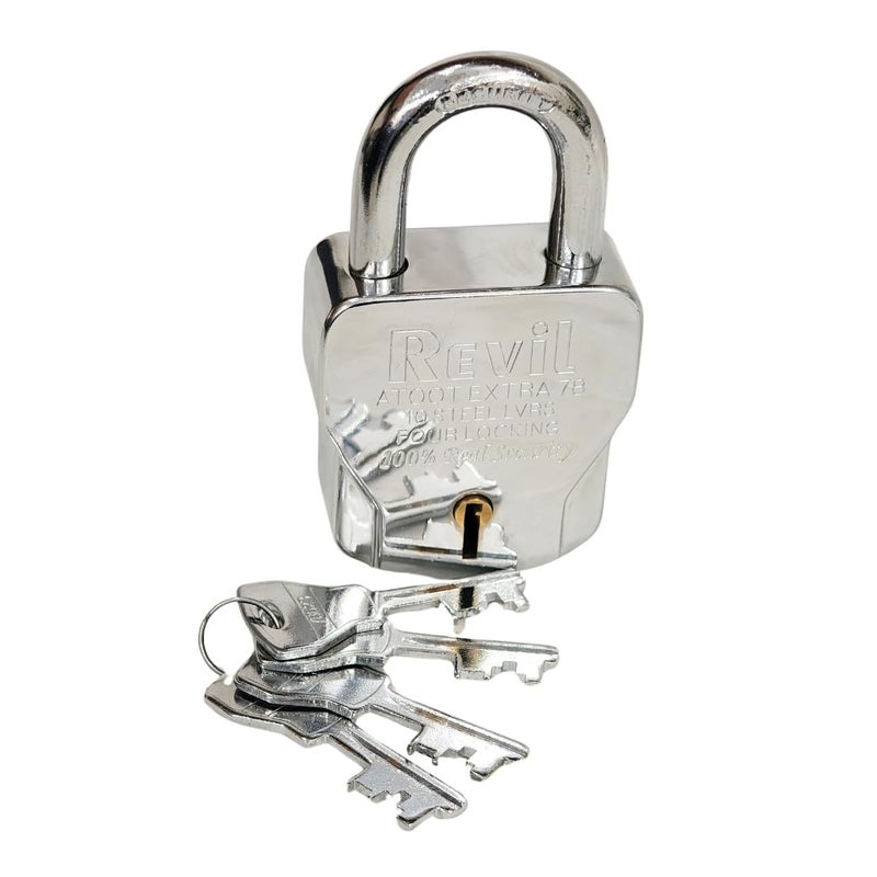 RevilSteel78 Padlock with 4 Keys 10 Steel Levers Four Locking System Chrome Finish - Image 4