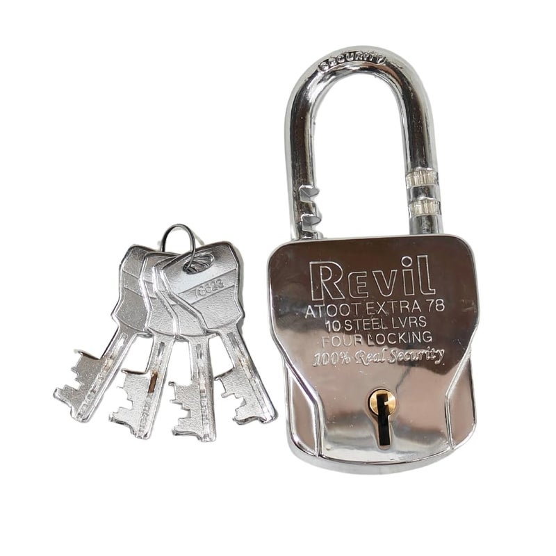 RevilSteel78 Padlock with 4 Keys 10 Steel Levers Four Locking System Chrome Finish - Image 1