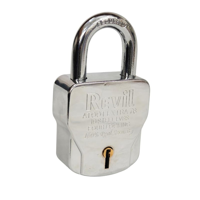 RevilSteel78 Padlock with 4 Keys 10 Steel Levers Four Locking System Chrome Finish - Image 2