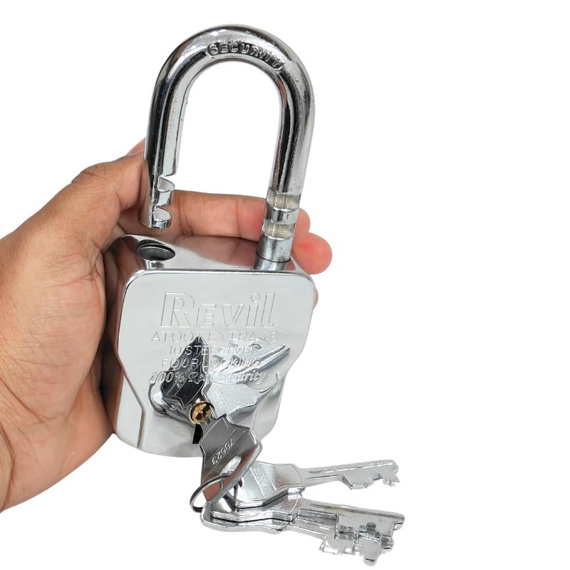 RevilSteel78 Padlock with 4 Keys 10 Steel Levers Four Locking System Chrome Finish - Image 3