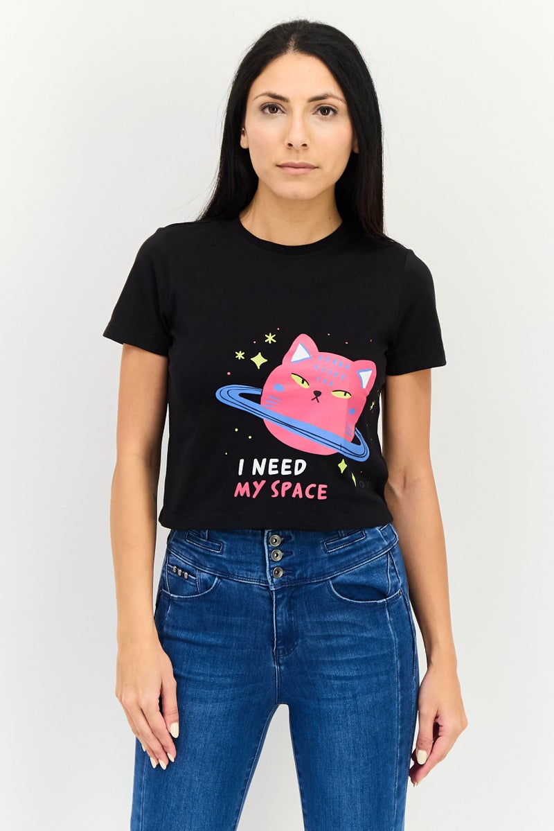 ONLY Women Round Neck Short Sleeve Graphic Print Top, Black - Image 1