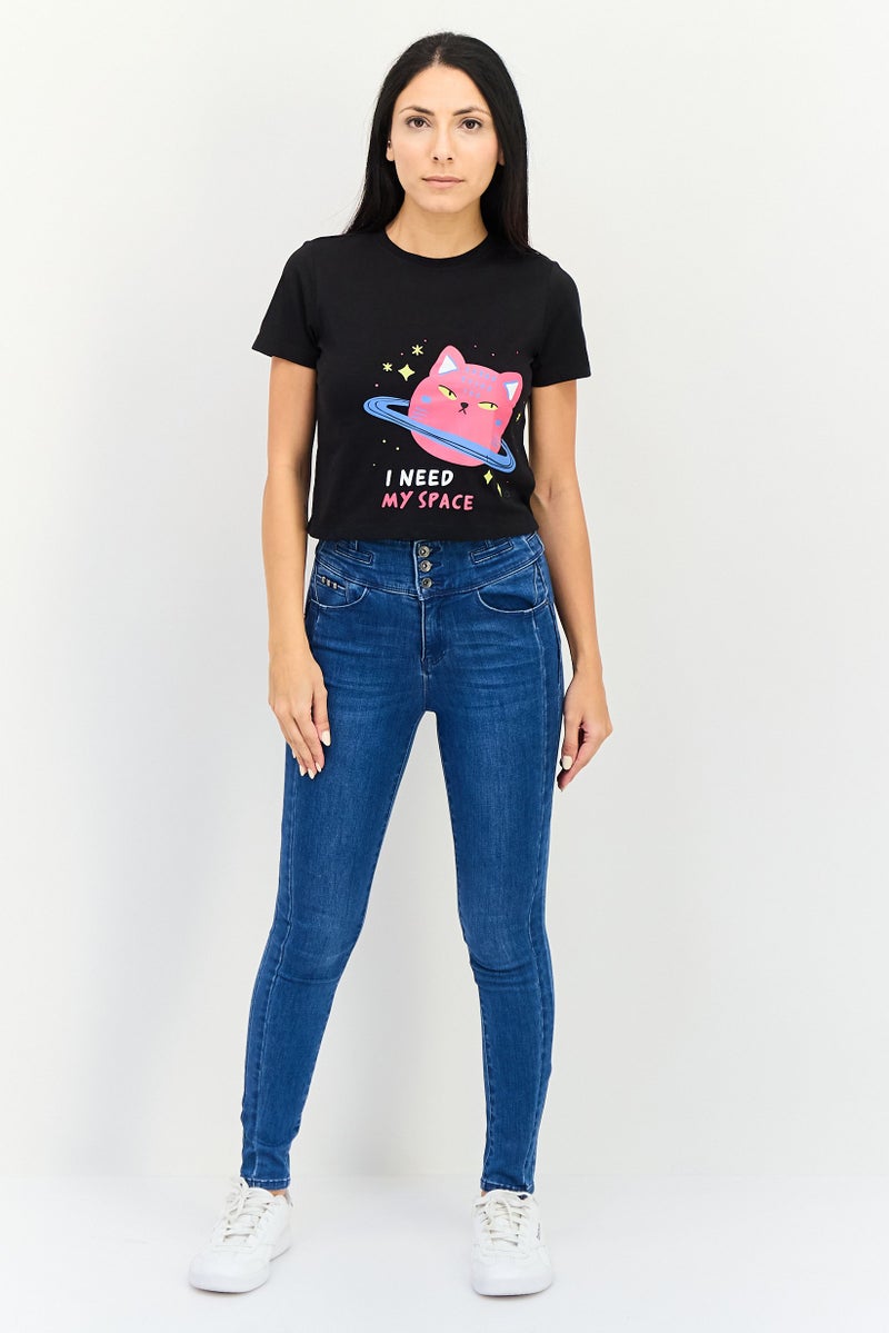 ONLY Women Round Neck Short Sleeve Graphic Print Top, Black - Image 4