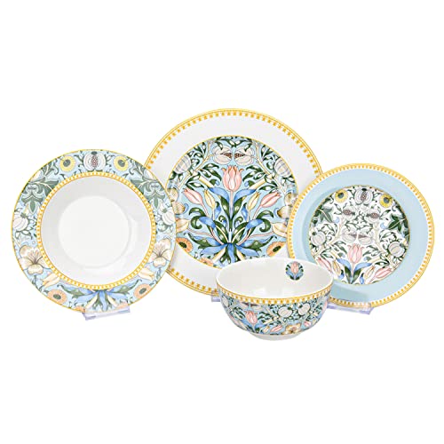 STP GOODS 24-Piece Bone China Dinnerware Set in Gift Box, Service for 6, Porcelain Dinnerware, Tropical Dishes Set - Dinner Plates Dessert Plates Cereal Bowls Mugs (Morris' Garden) - Image 1