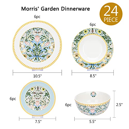 STP GOODS 24-Piece Bone China Dinnerware Set in Gift Box, Service for 6, Porcelain Dinnerware, Tropical Dishes Set - Dinner Plates Dessert Plates Cereal Bowls Mugs (Morris' Garden) - Image 4