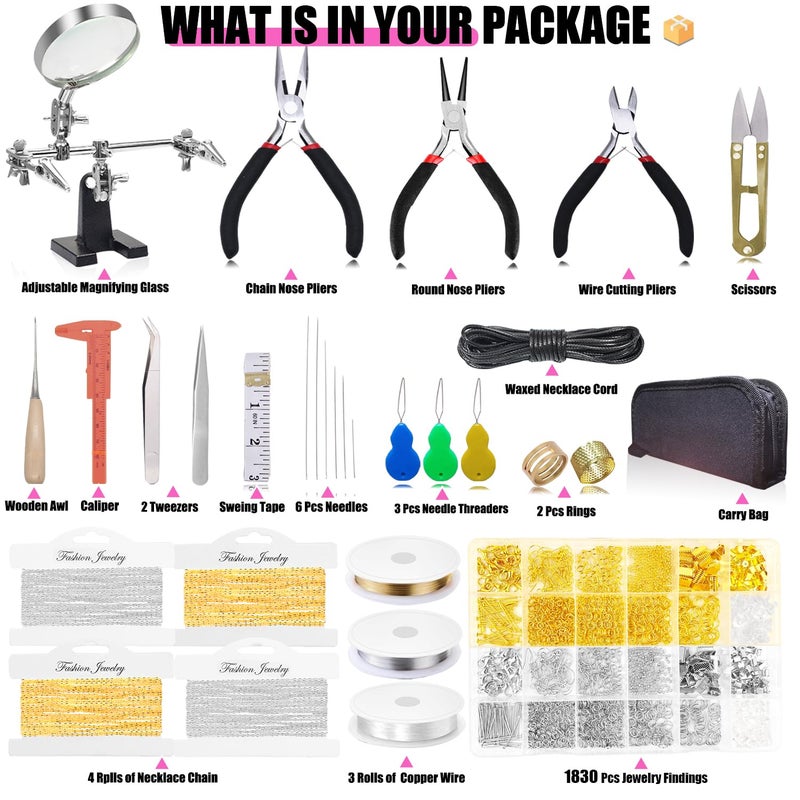 MONVICT Jewelry Making Supplies Kit with Jewelry Making Tools, Findings, Necklace Chain, Jewelry Wires, Adjustable Magnifier, Carry Bag, Meet All The Needs of Jewelry Making, Repair, Beading - Image 2