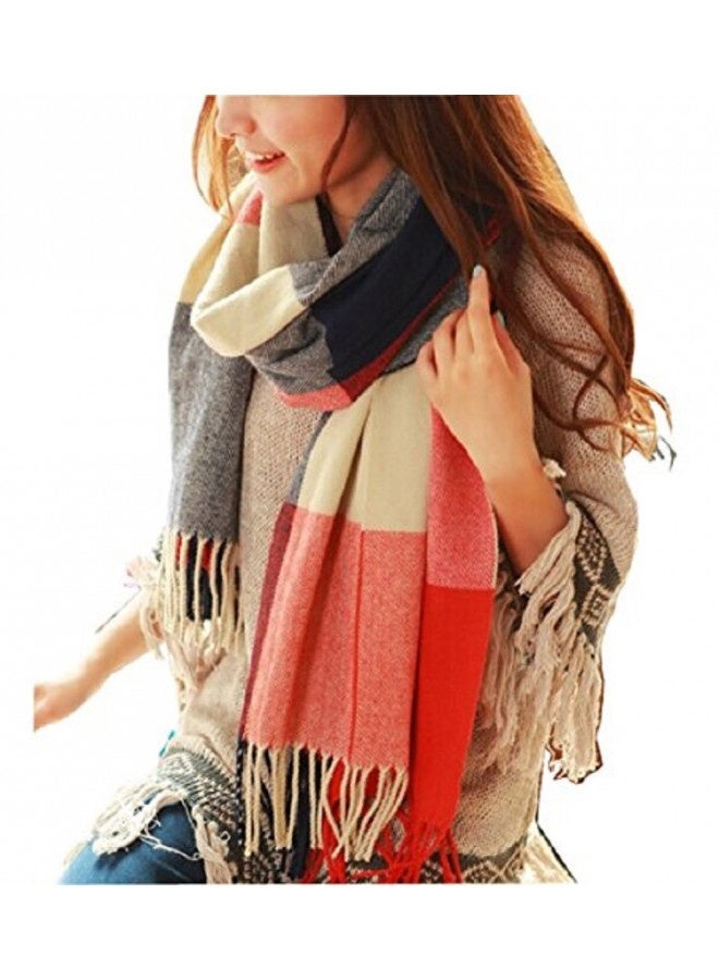 Wander Agio Women'S Fashion Long Shawl Big Grid Winter Warm Lattice Large Scarf Orange Red Winter
