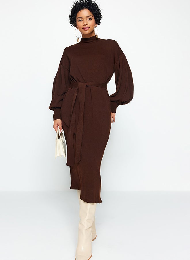 trendyol Brown Belted Half Turtleneck Balloon Sleeve Knitwear Dress TCTAW24EB00023  - Image 1