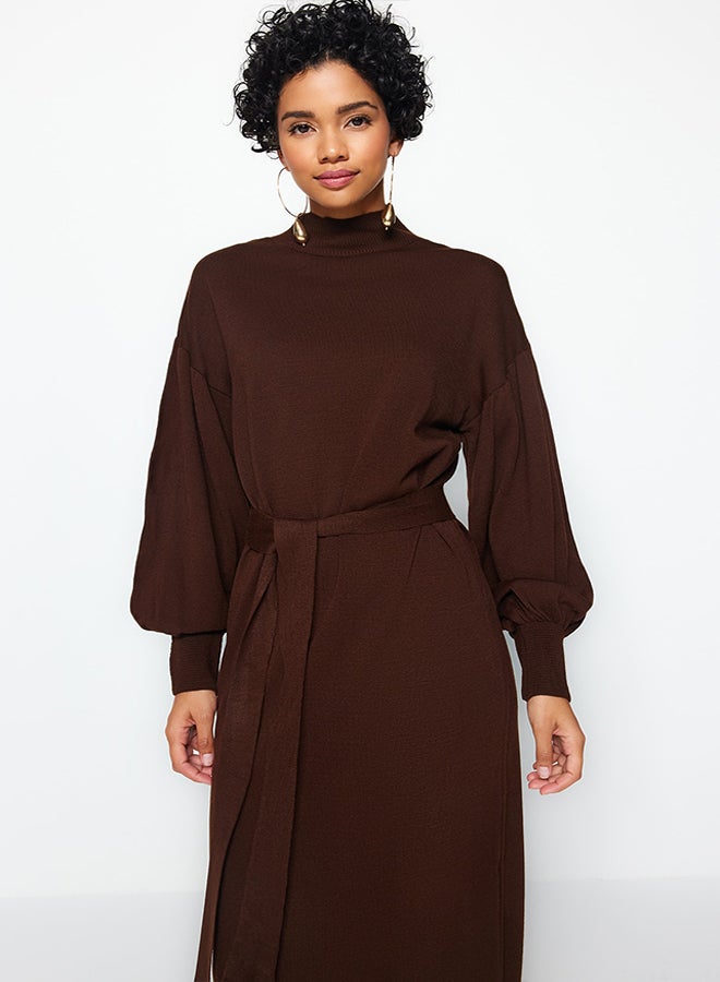 trendyol Brown Belted Half Turtleneck Balloon Sleeve Knitwear Dress TCTAW24EB00023  - Image 3