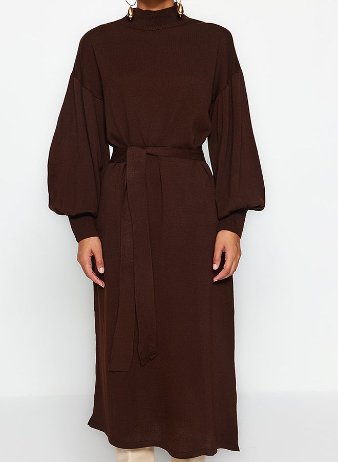 trendyol Brown Belted Half Turtleneck Balloon Sleeve Knitwear Dress TCTAW24EB00023  - Image 4