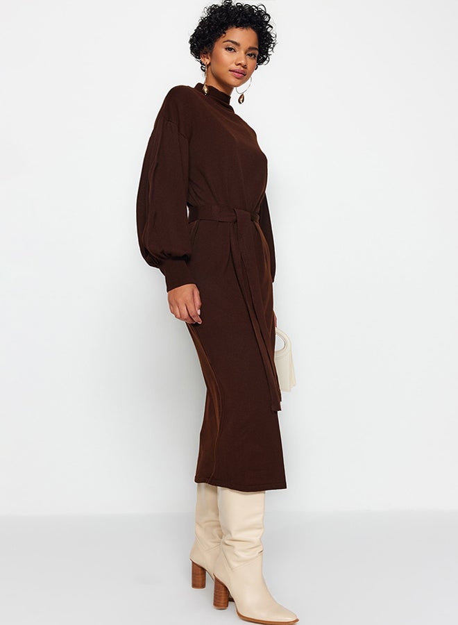 trendyol Brown Belted Half Turtleneck Balloon Sleeve Knitwear Dress TCTAW24EB00023  - Image 2