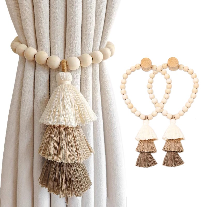 SRG Handmade Magnetic Wooden Bead Curtain Tiebacks 2 PCS Simple Elegant Magnetic Tassel Curtain Tie Backs Accessories Wall Decoration Drapery Tiebacks for Bedroom Window Treatment