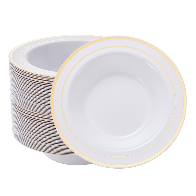 30PCS DISPOSABLE SOUP BOWLS WITH GOLD RIM 12 OZ FANCY PLASTIC SOUP BOWLS FOR HOLIDAYS PARTIES WEDDINGS CATERINGAND EVERYDAY USE
