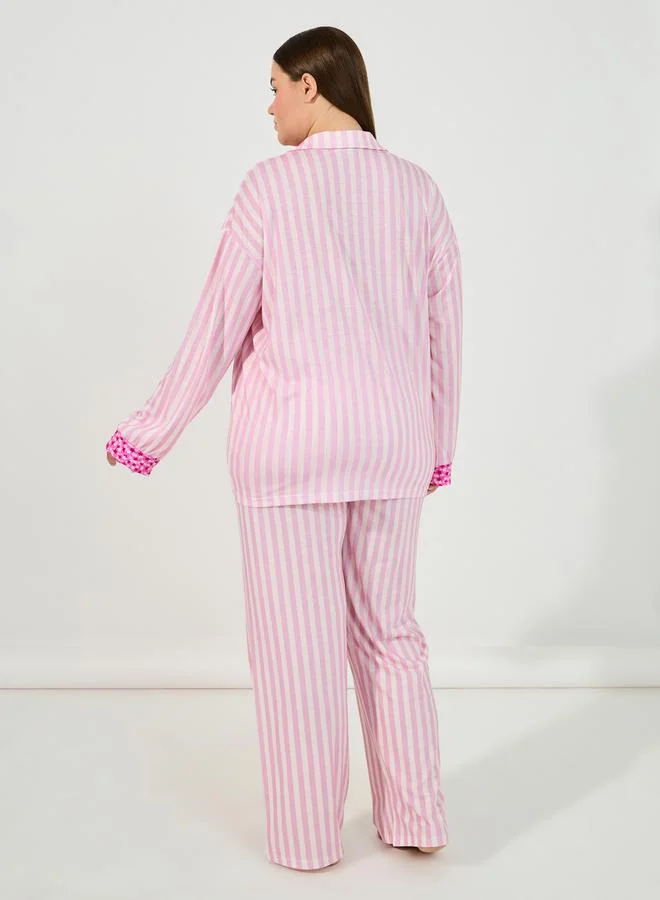 Styli Plus Size Stripe Contrast Star Print Shirt & Pyjama Set
