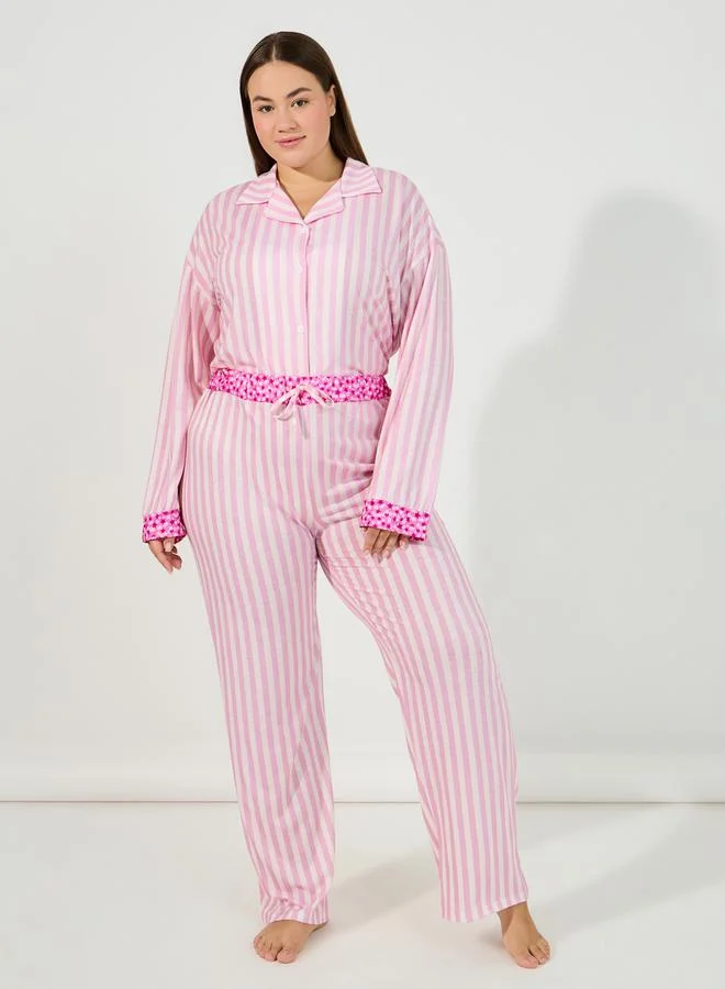 Styli Plus Size Stripe Contrast Star Print Shirt & Pyjama Set